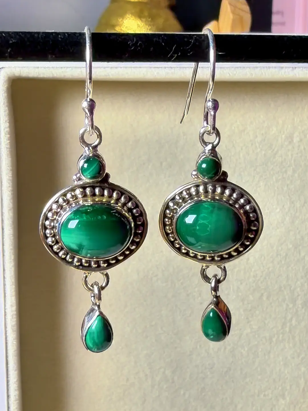 Aranya oxidised silver drop earrings with three banded malachite cabochons on each ear