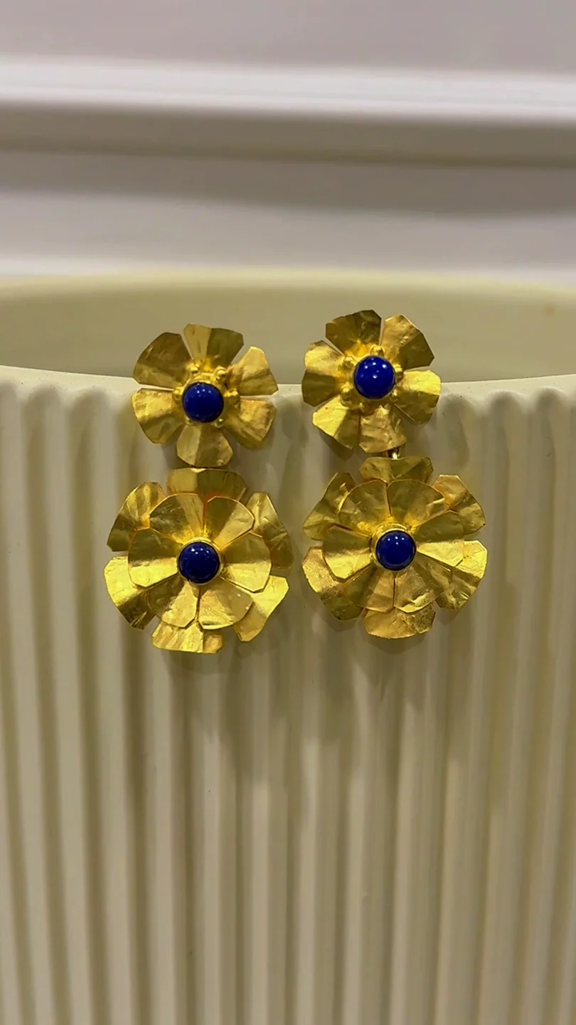 Bloom Gold-Plated Silver Flower Drop Earrings with Lapis Lazuli