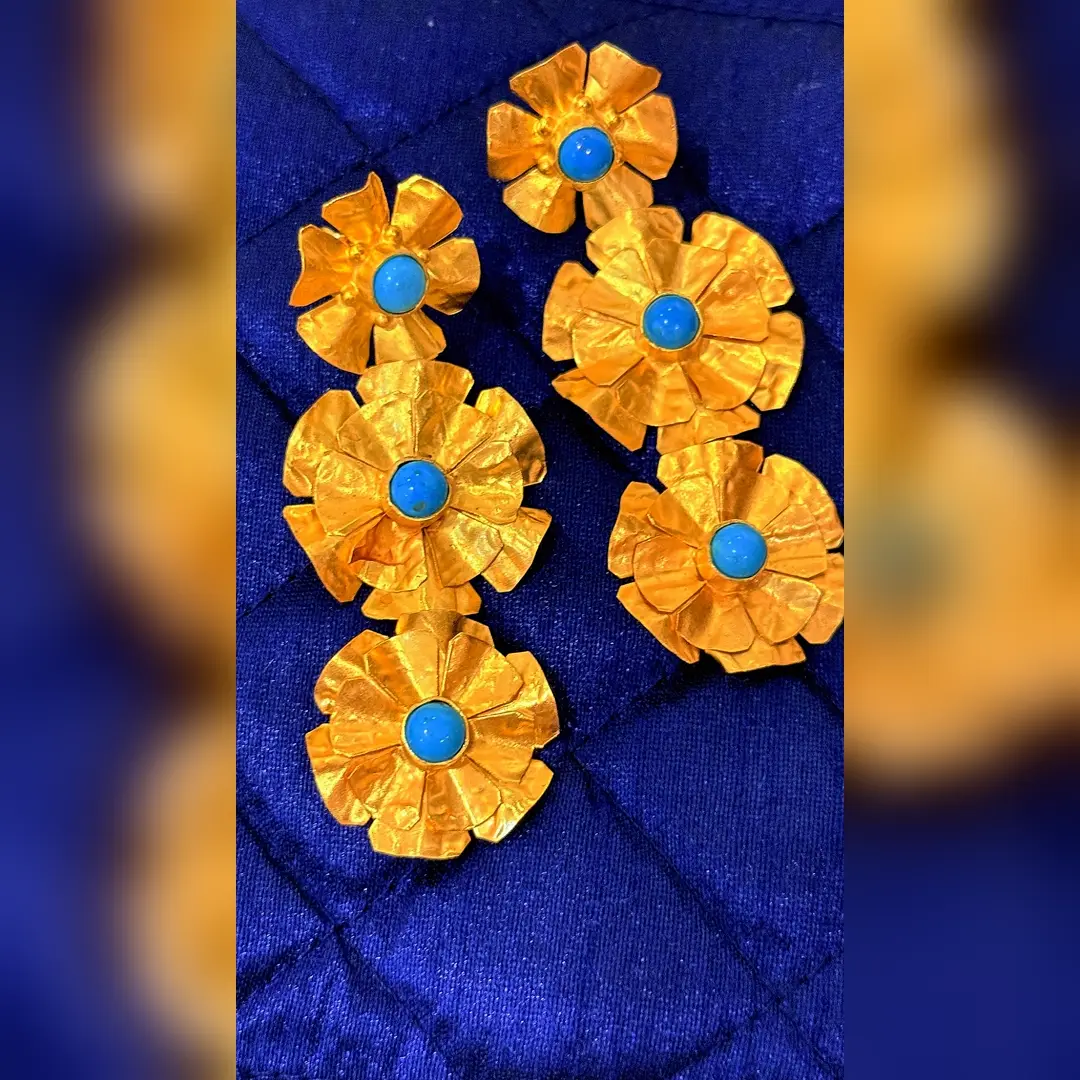 Bloom Trio gold-plated silver earrings, three hand-hammered flowers per ear each centred with turquoise