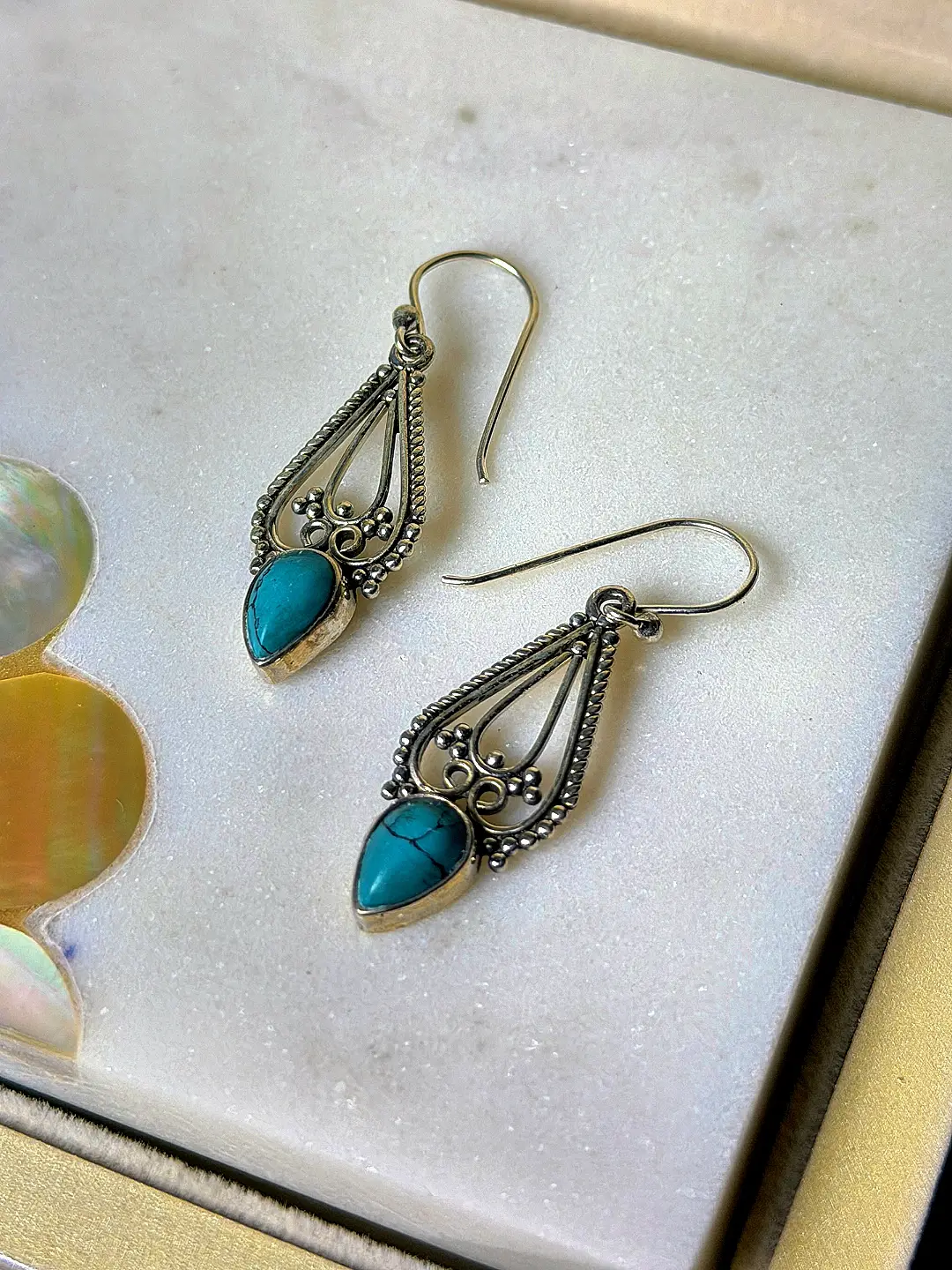 Firoza oxidised silver openwork teardrop earrings set with natural turquoise cabochons