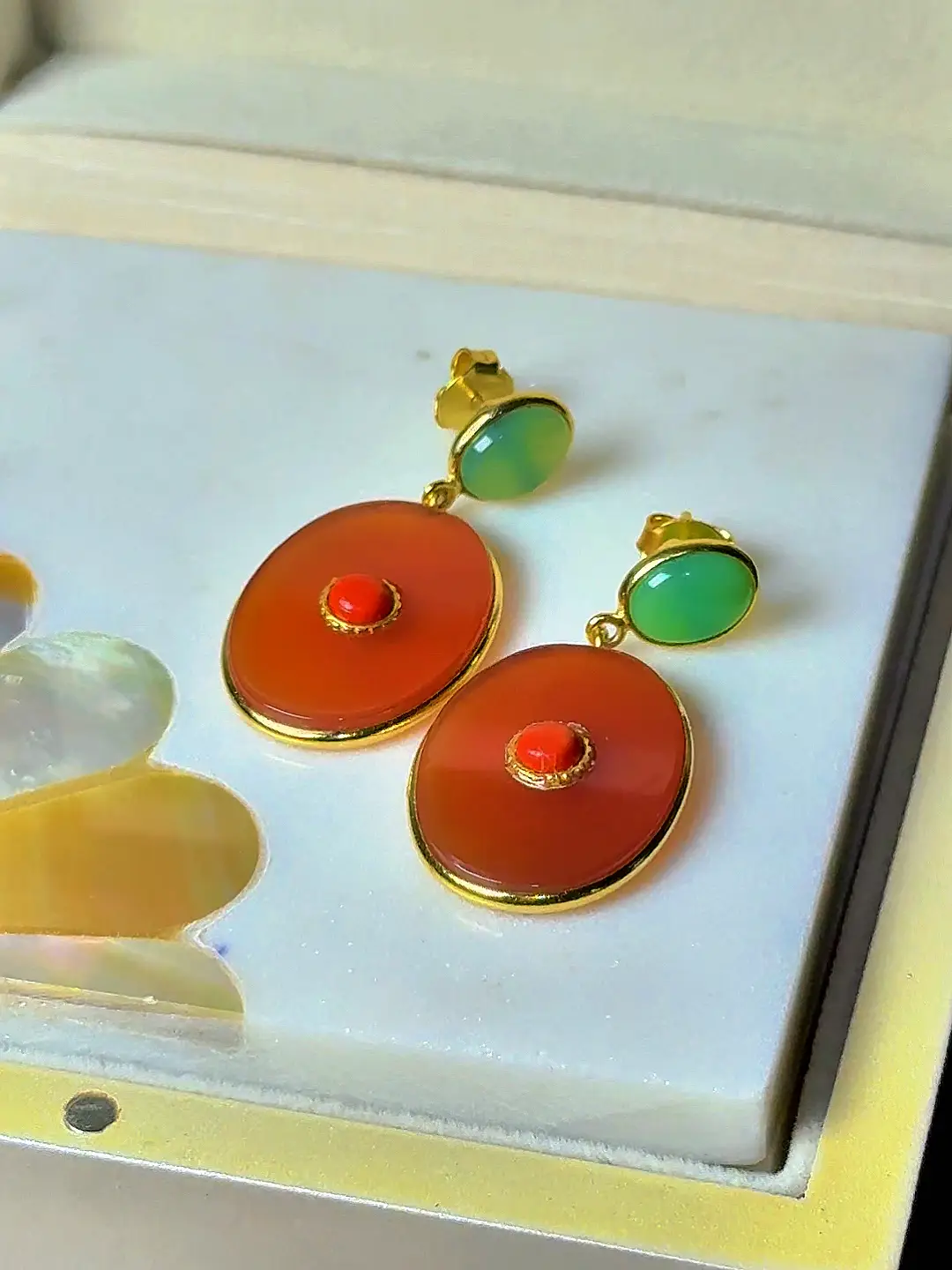 Gulmohar gold-plated silver drop earrings with carnelian discs, coral centres and chrysoprase studs