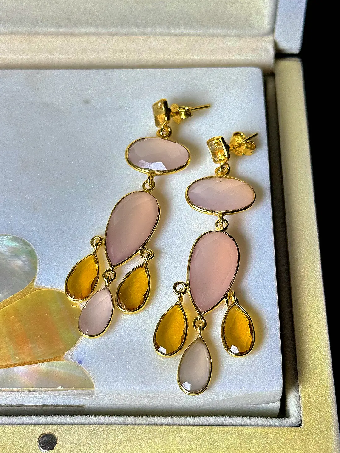 Jhumar gold-plated silver three-tier chandelier earrings with rose quartz and citrine, shown full length