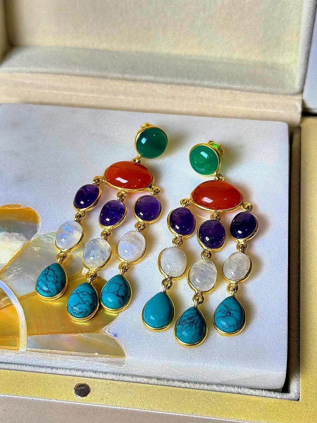 Utsav gold-plated silver chandelier earrings with green onyx, carnelian, amethyst, rainbow moonstone and turquoise cabochons